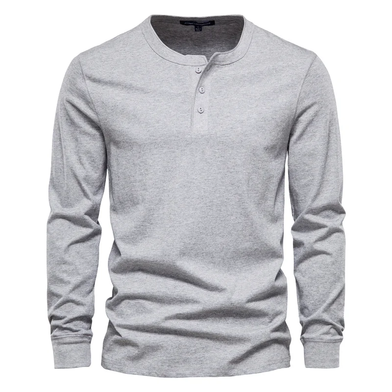 AIOPESON Men's Long Sleeve Button Down T-Shirts Autumn Henley Collar Casual High Quality 100% Cotton Crew Neck Mens T Shirts