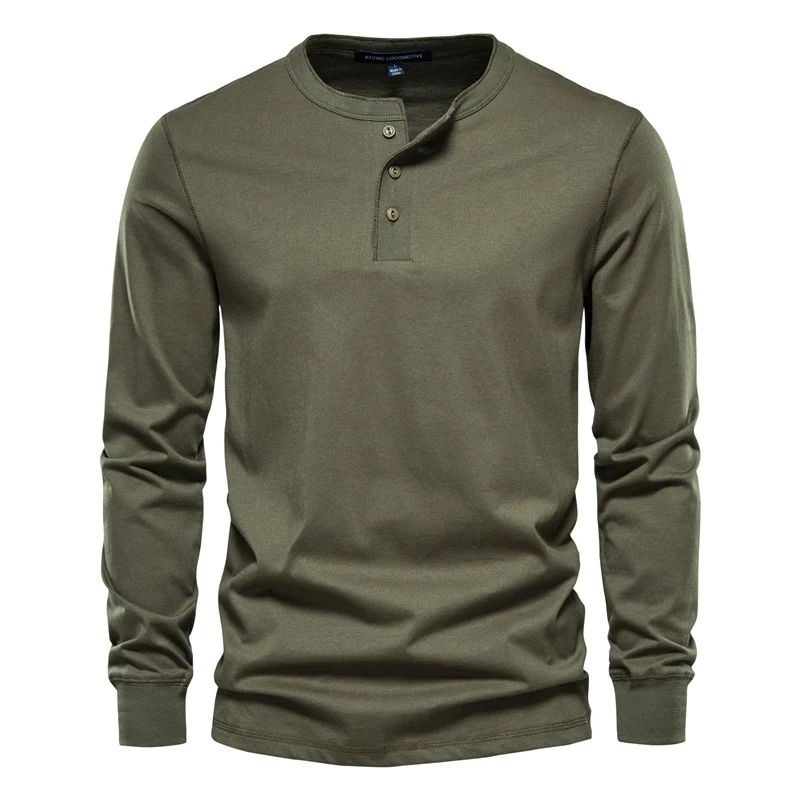 AIOPESON Men's Long Sleeve Button Down T-Shirts Autumn Henley Collar Casual High Quality 100% Cotton Crew Neck Mens T Shirts