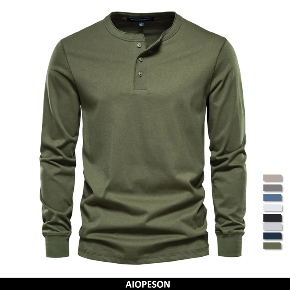 AIOPESON Men’s Long Sleeve Button Down T-Shirts Autumn Henley Collar Casual High Quality 100% Cotton Crew Neck Mens T Shirts