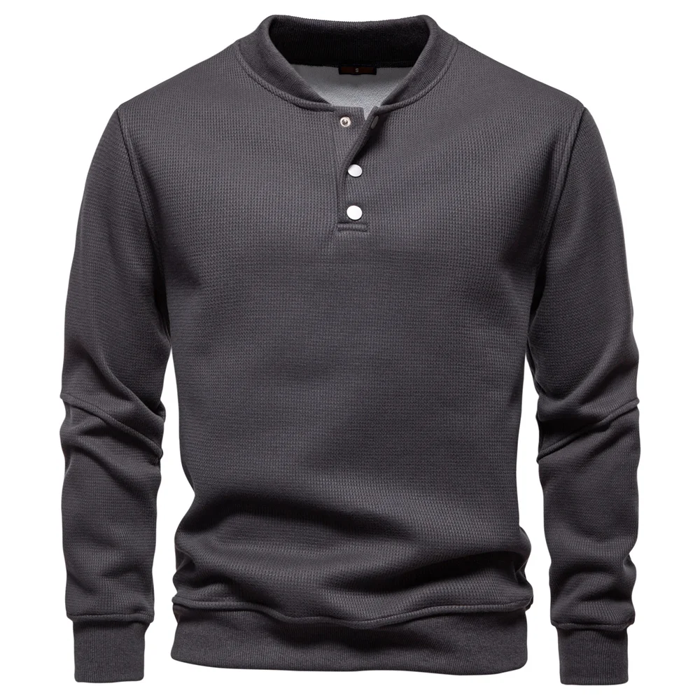 AIOPESON Men's High Quality Sweatshirt Solid Color Button Down Placket Winter Warm Fleece Lined Casual Pullover Mens Sweatshirts