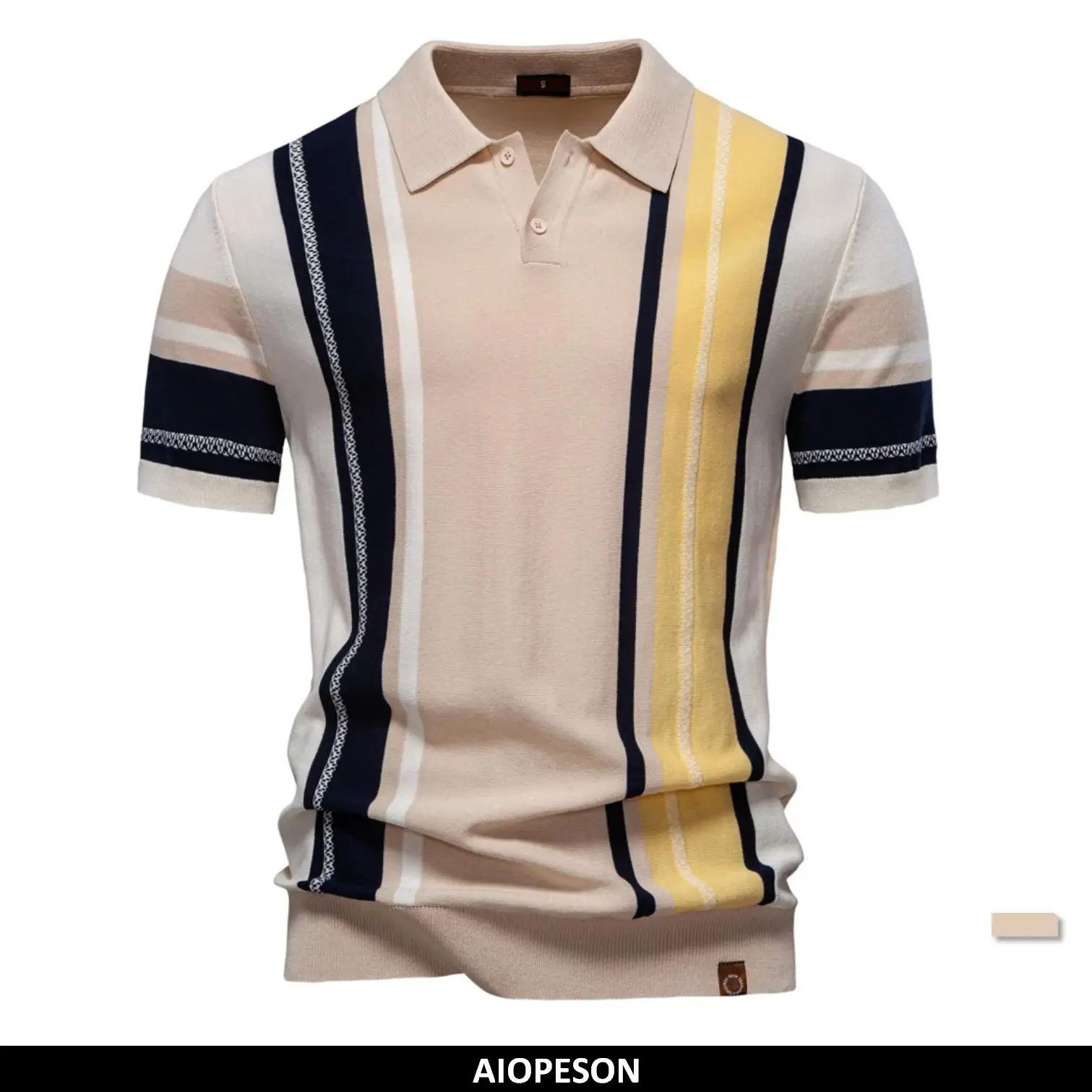 AIOPSON 2025 Men’s Breathable Striped Contrast Panel Polo Shirt – Lightweight Summer Casual Knit Top with Mesh Inserts