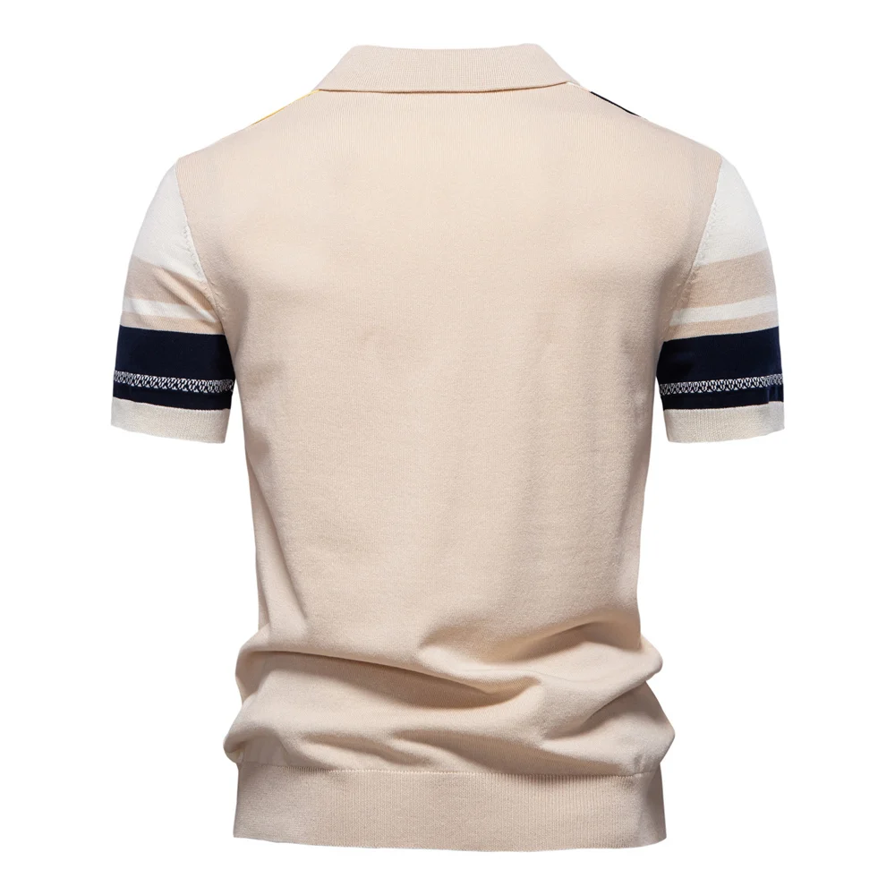 AIOPSON 2025 Men's Breathable Striped Contrast Panel Polo Shirt - Lightweight Summer Casual Knit Top with Mesh Inserts