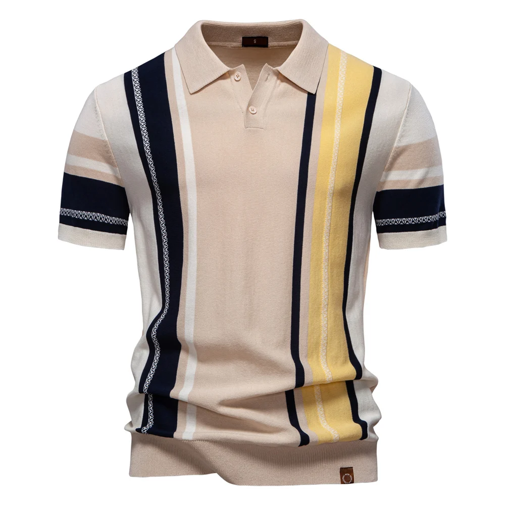 AIOPSON 2025 Men's Breathable Striped Contrast Panel Polo Shirt - Lightweight Summer Casual Knit Top with Mesh Inserts