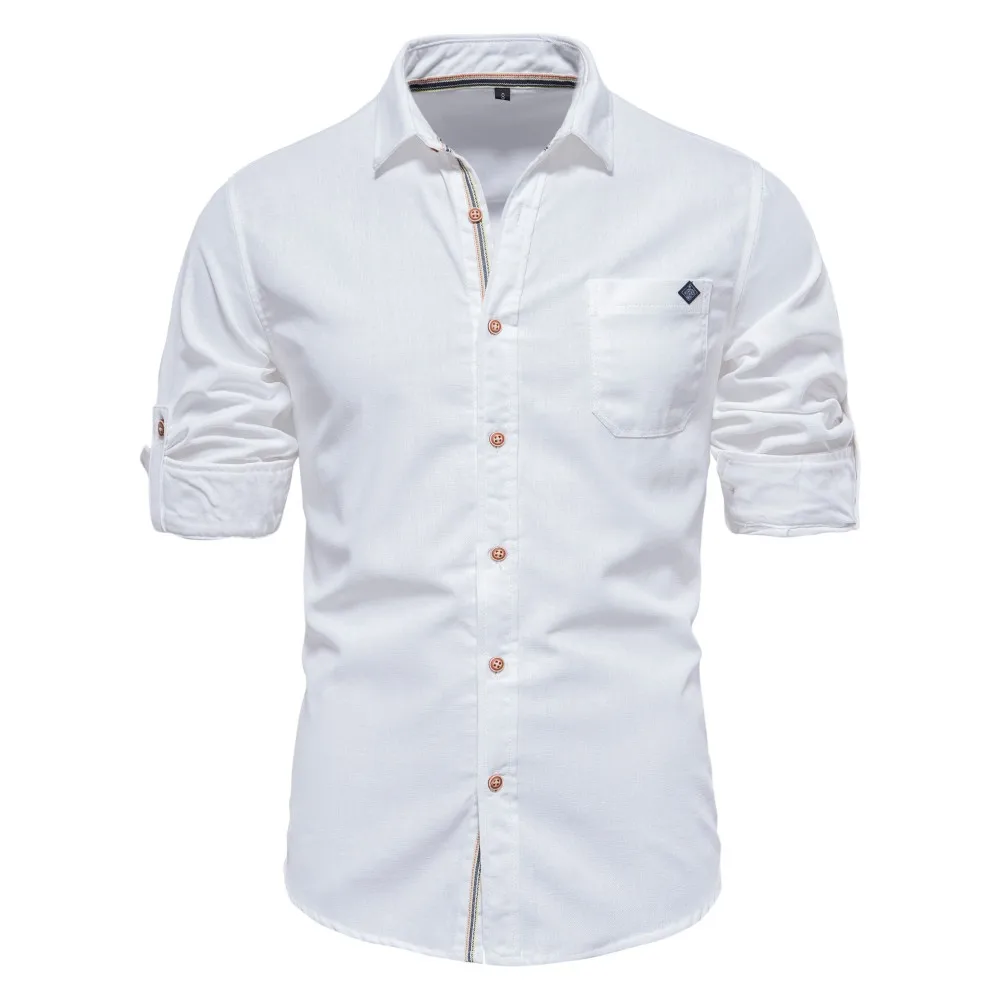 AIOPESON Men's Long Sleeve Shirt 100% Cotton Solid Color Turn-down Collar Single Pocket Spring Blouse for Social Occasions