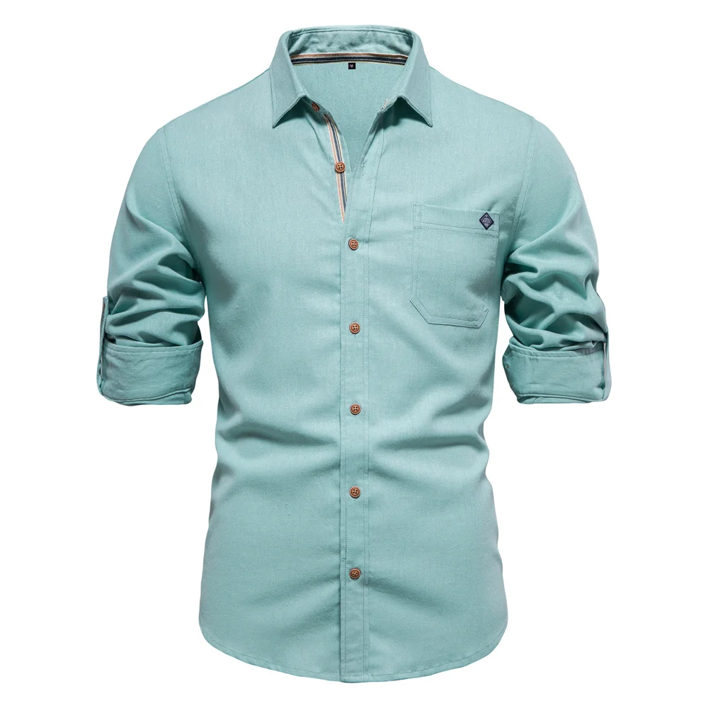 AIOPESON Men's Long Sleeve Shirt 100% Cotton Solid Color Turn-down Collar Single Pocket Spring Blouse for Social Occasions