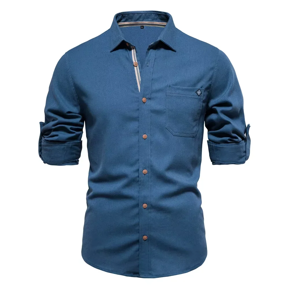AIOPESON Men’s Long Sleeve Shirt 100% Cotton Solid Color Turn-down Collar Single Pocket Spring Blouse for Social Occasions