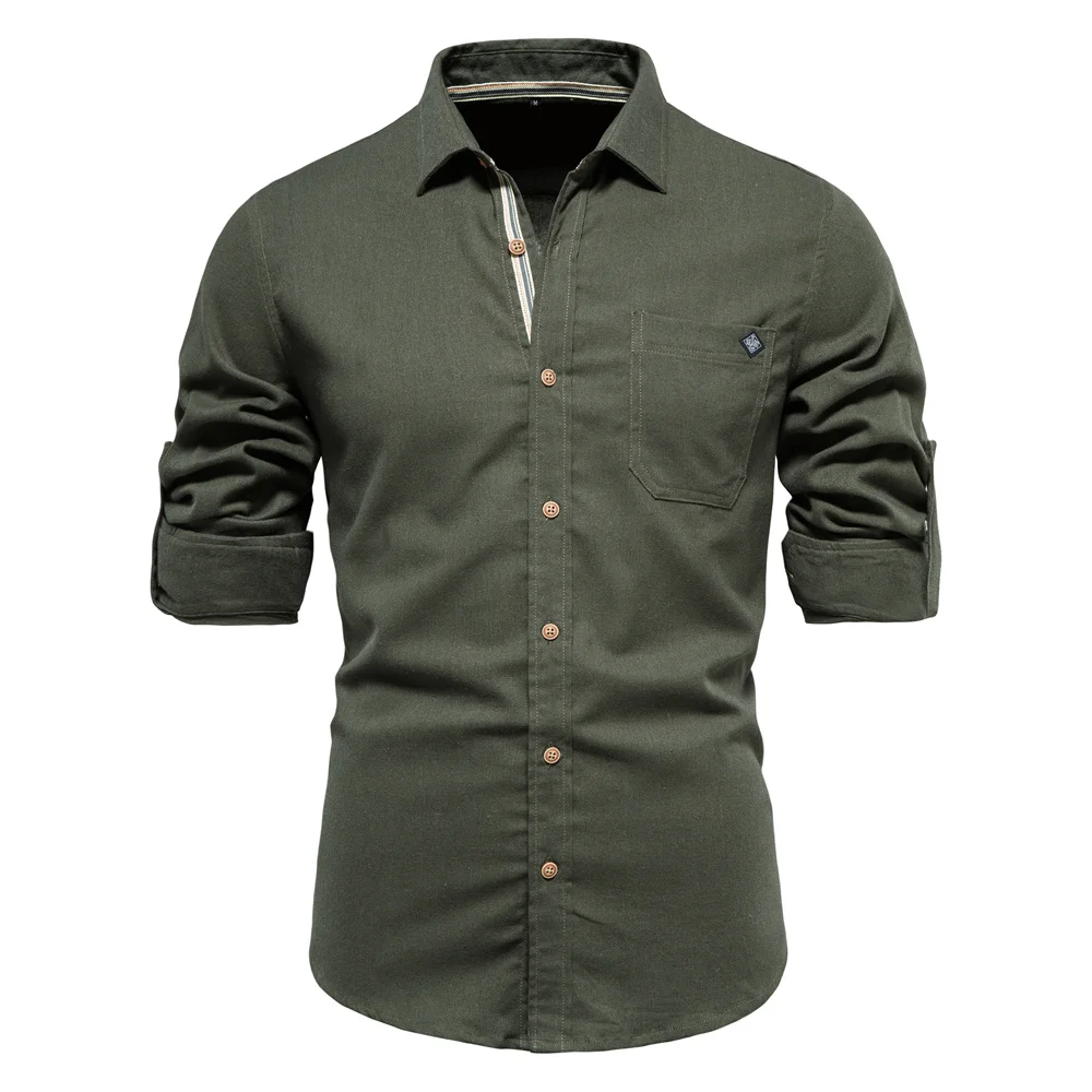 AIOPESON Men's Long Sleeve Shirt 100% Cotton Solid Color Turn-down Collar Single Pocket Spring Blouse for Social Occasions