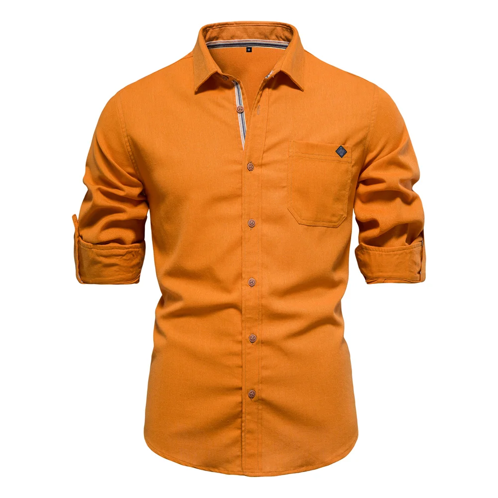 AIOPESON Men's Long Sleeve Shirt 100% Cotton Solid Color Turn-down Collar Single Pocket Spring Blouse for Social Occasions