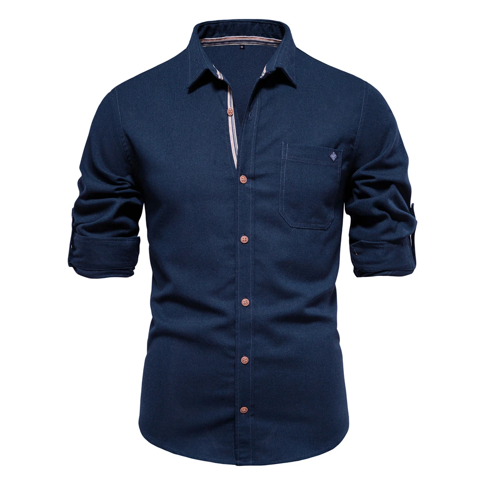 AIOPESON Men's Long Sleeve Shirt 100% Cotton Solid Color Turn-down Collar Single Pocket Spring Blouse for Social Occasions