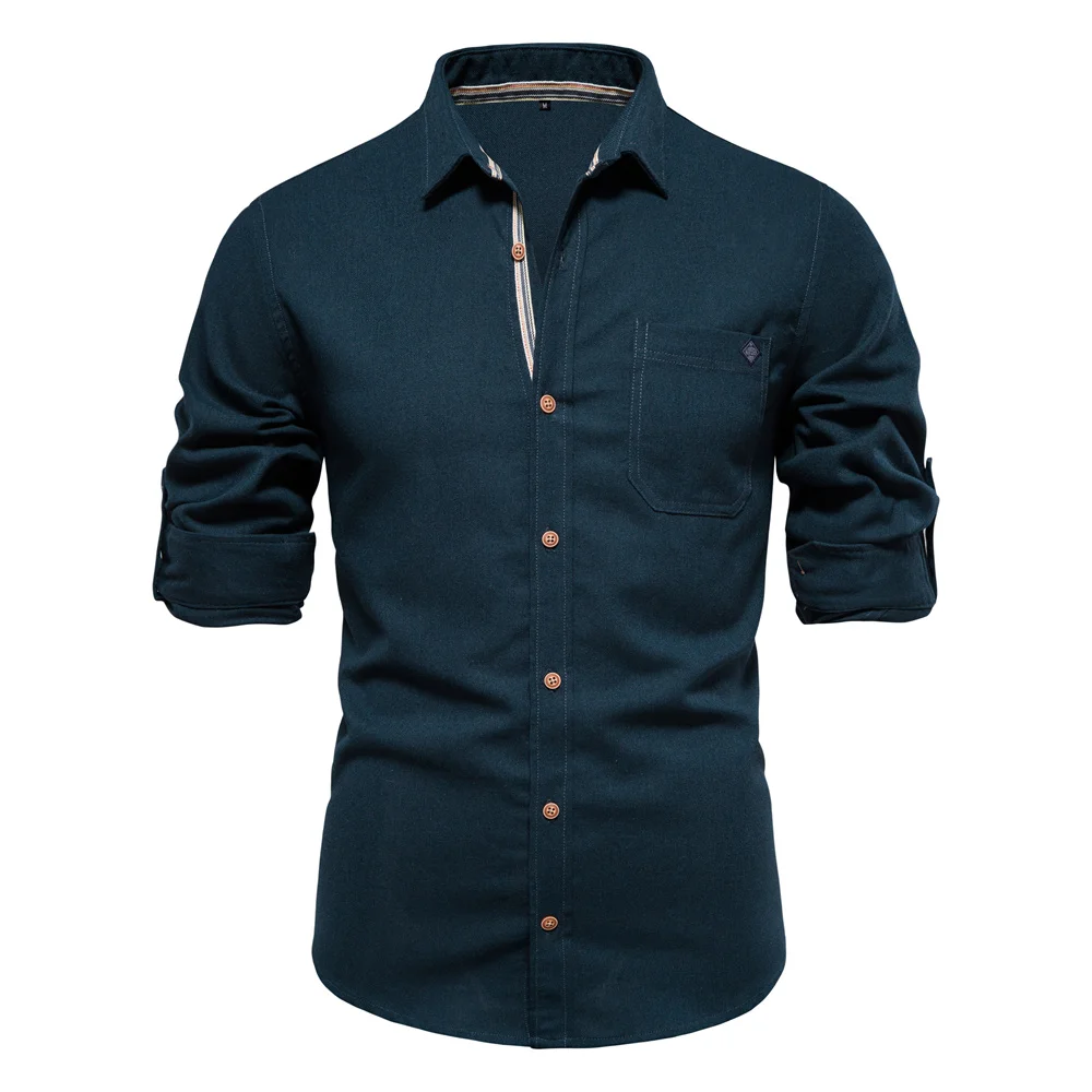 AIOPESON Men's Long Sleeve Shirt 100% Cotton Solid Color Turn-down Collar Single Pocket Spring Blouse for Social Occasions