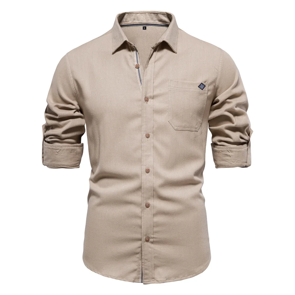 AIOPESON Men's Long Sleeve Shirt 100% Cotton Solid Color Turn-down Collar Single Pocket Spring Blouse for Social Occasions