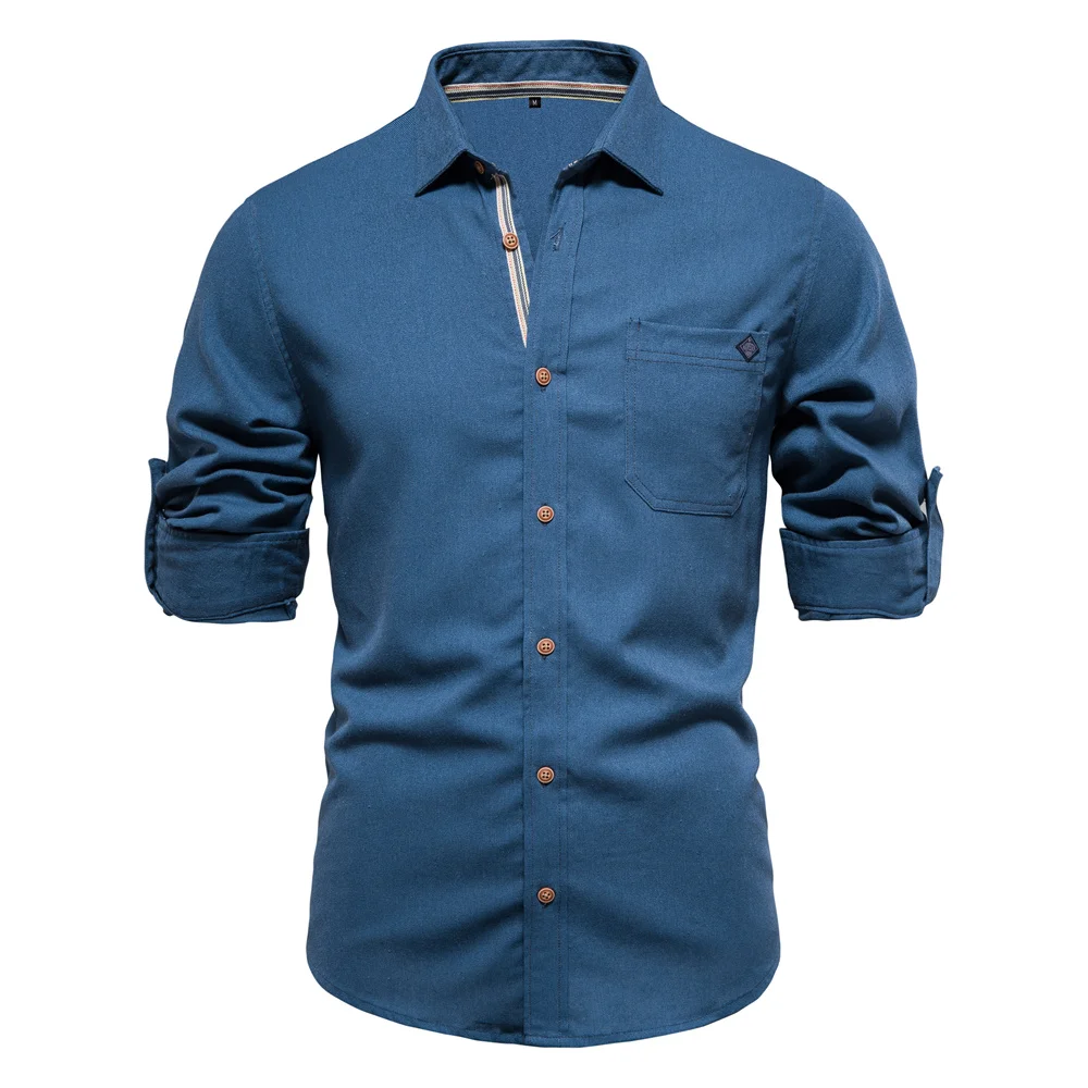 AIOPESON Men's Long Sleeve Shirt 100% Cotton Solid Color Turn-down Collar Single Pocket Spring Blouse for Social Occasions