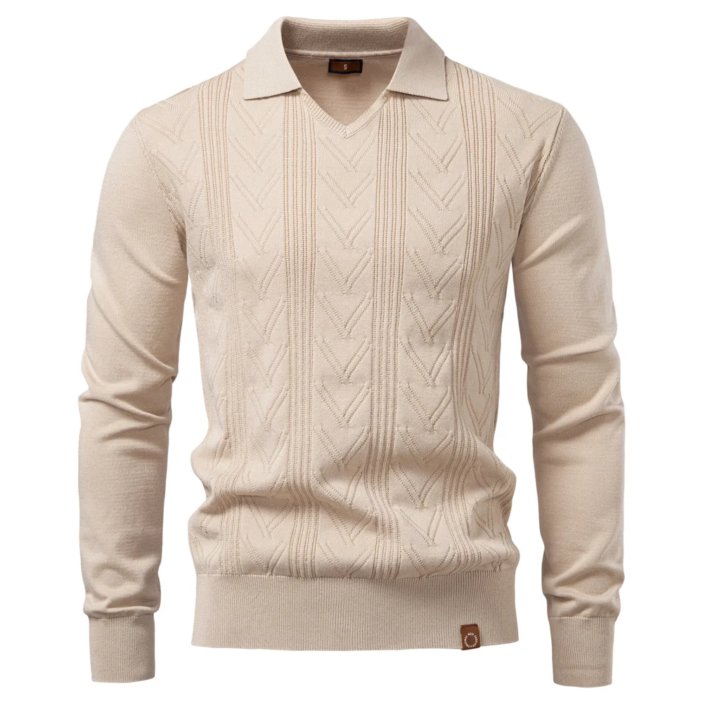 AIOPESON 2025 Modern V-neck Polo Men Solid Color Long Sleeve Fashion Forward Cut Luxury Business Social Premium Sweaters Male